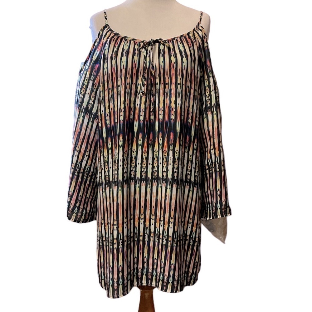 Socialite brand, vertical stripe, cold shoulder, wide sleeve, fully lined dress